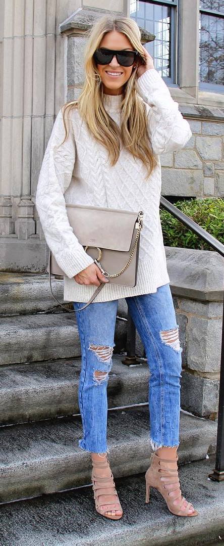 trendy fall outfit: knit + bag + rips + heels