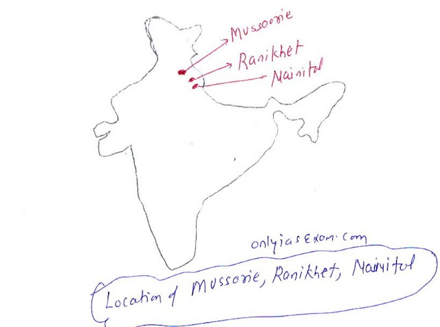 Location of Mussoorie, Nainital, and Ranikhet