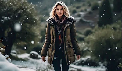 a beautiful girl walk in naran Valley and snowfall rain weather