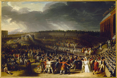 "A Festa da Federação, aos 14 de julho de 1790, no Champ-de-Mars, atual 7.º Distrito" (1792), de Charles Thévenin (conservado no Musée Carnavalet). Veem-se as cores nacionais por toda a parte: nos topes, uniformes, estandartes e também em bandeiras hasteadas no alto do pavilhão à direita.