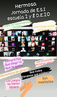 imagen de reuniones virtuales y carteles sobre igualdad de g