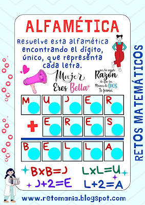 Alfamética, Criptoaritmética, Criptograma, Criptosuma, Desafíos matemáticos, Retos matemáticos, Problemas matemáticos, Problemas de lógica, Problemas de ingenio, Problemas de ingenio matemático, Mujer, Día de la Mujer, Matemática, Matematik, Mates, Matemátika, Juego de letras, Juego de palabras Buscapalabras, Sudoku, Letrasdoku, La palabra Oculta, La palabra Escondida