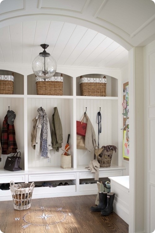 white mud room with beadboard