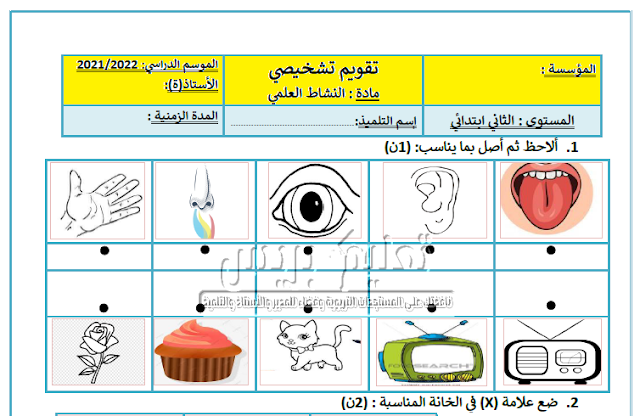 رائز التقويم التشخيصي في النشاط العلمي للمستوى الثاني ابتدائي