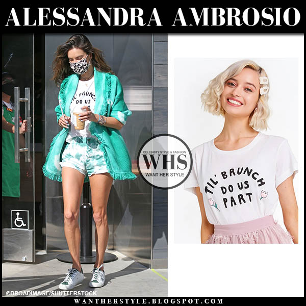 Alessandra Ambrosio in green blazer, white slogan tee and sneakers
