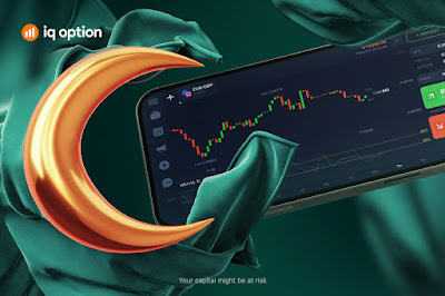 Source: IQ Option. Crescent moon and a screen showing charts.