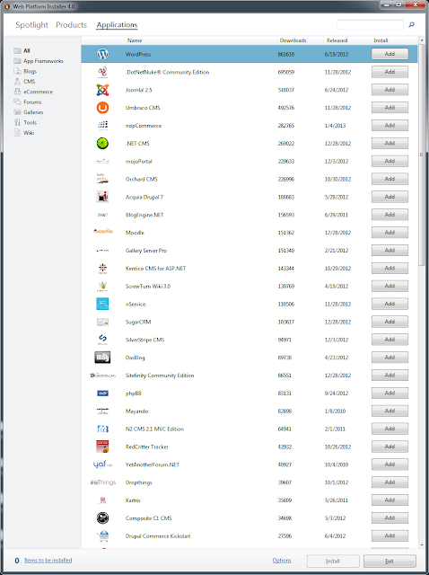 Microsoft Web Platform Installer 4.0 Applications List