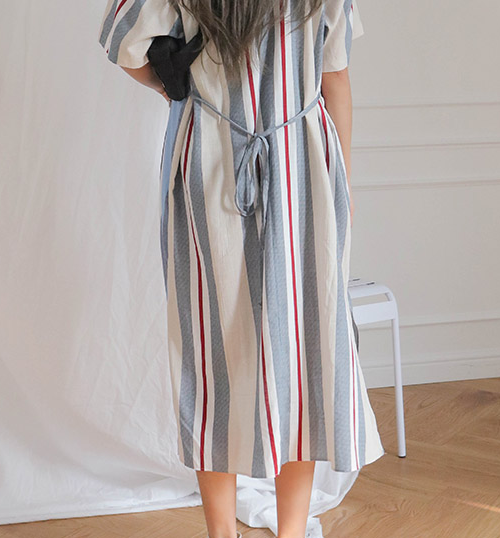  Striped Self-Tie Waist Long Shirt