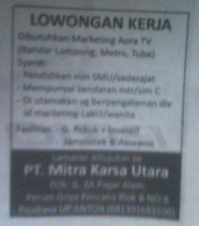 Lowongan Marketing Aora TV Lampung Terbaru Februari 2013