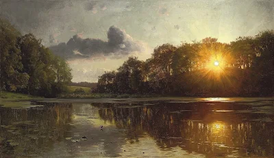 Sunset Over a Forest Lake painting Peder Mork Monsted