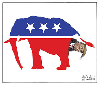 Michael de Adder cartoon - Donald Fucking Trump being shit out of a Republican elephant