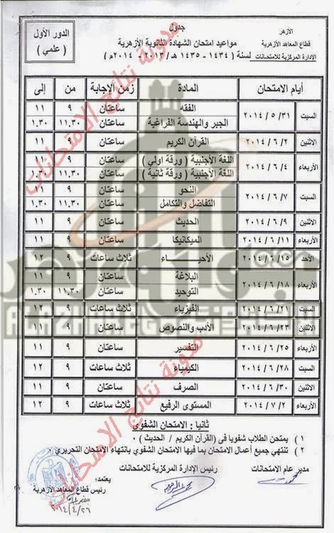   جدول امتحنات الصف الثالث الثانوى الازهرى (علمى) 2014  - الشهاده الثانويه الازهري - الترم الثانى