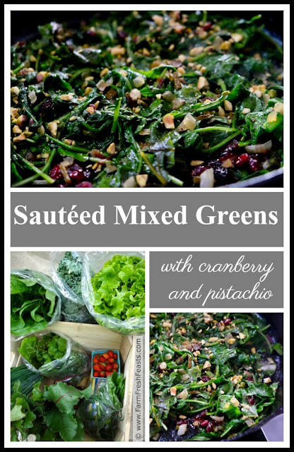 Brightly colored and fresh tasting, this side dish of sautéed cooking greens with dried cranberries and crunchy pistachios is sure to satisfy. Great alongside roasted meats or mashed potatoes!