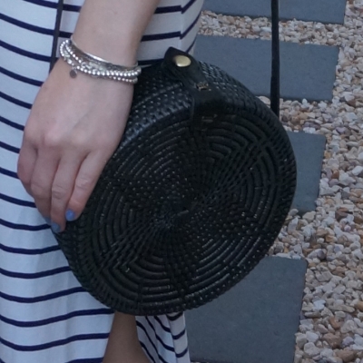 navy stripe maxi skirt and Amerii medium sling rattan bag in black | away from the blue