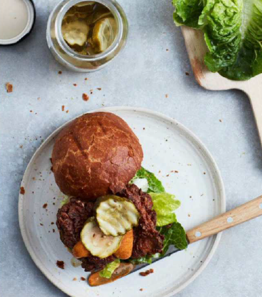 Fried chicken burger with smoky mayo