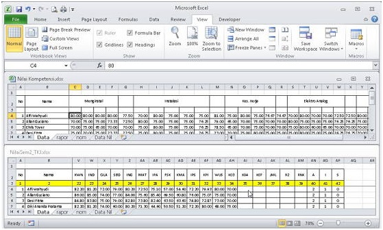 cara menampilkan dua jendela dalam sebuah worksheet di excel