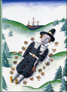 illustration by Kathy Osborn of a pilgrim tied up by turkeys for thanksgiving