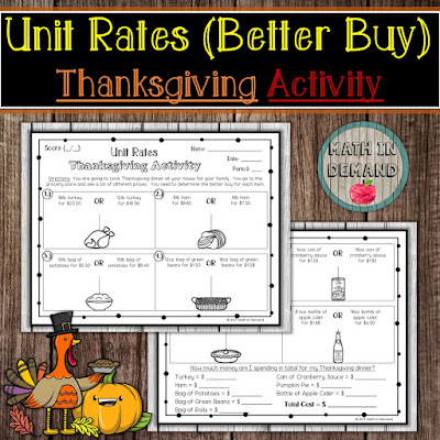 Unit Rates Thanksgiving Activity Better Buy