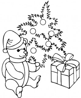 Decorated Christmas tree and Christmas teddy with gifts coloring page picture for children