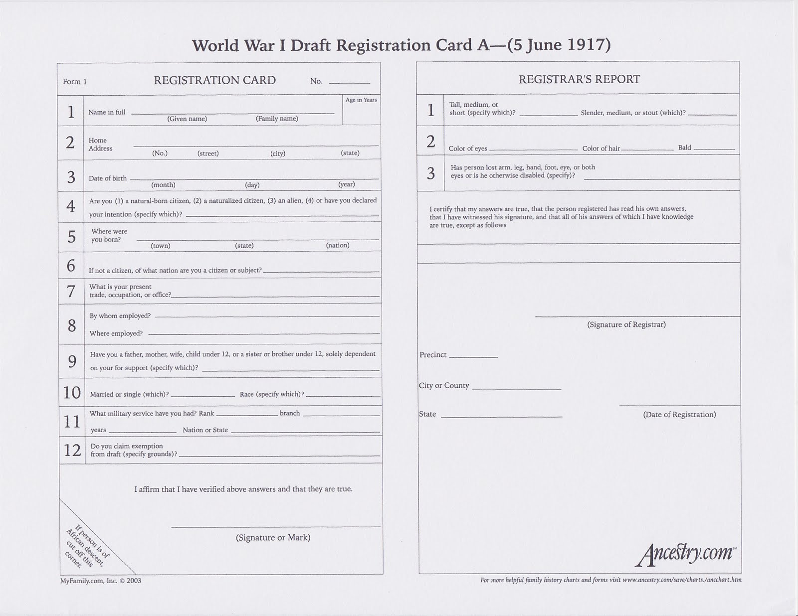 A blank registration card can