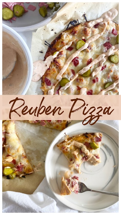 Collage of baked Reuben Pizza cut into slices on parchment paper.