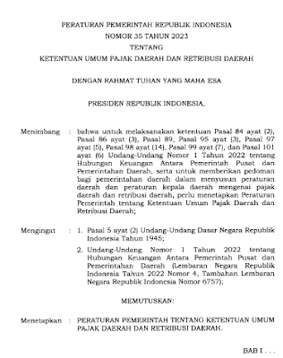 Download Peraturan Pemerintah RI No 35 Tahun 2023 tentang Pajak dan Retribusi Daerah