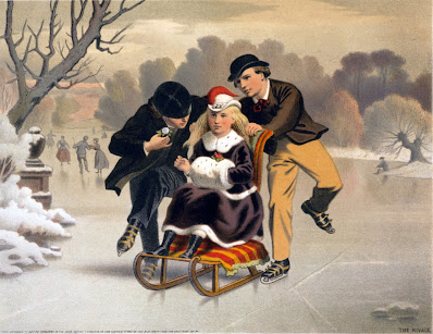 Victorian era postcard of figure skaters with a sleigh