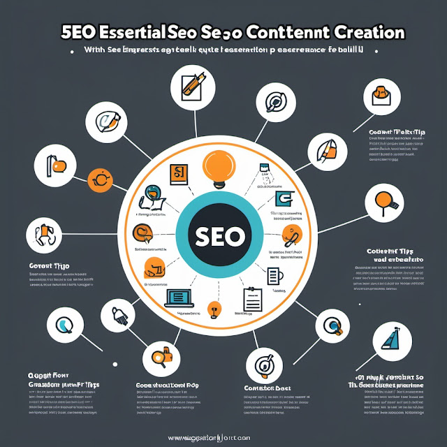 An infographic summarizing the 5 essential SEO content creation tips, with icons representing each tip and brief bullet points for quick reference