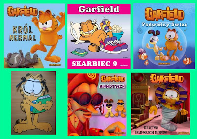 Zielone tło okładki książek o Garfieldzie i obrazek praca plastyczna Garfield w okularach z książkami w rękach