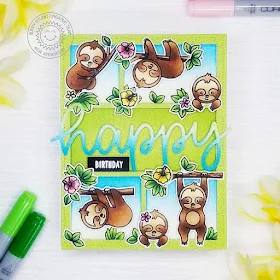 Sunny Studio Stamps: Silly Sloths Comic Strip Everyday Dies Happy Word Die Birthday Card by Ana Anderson