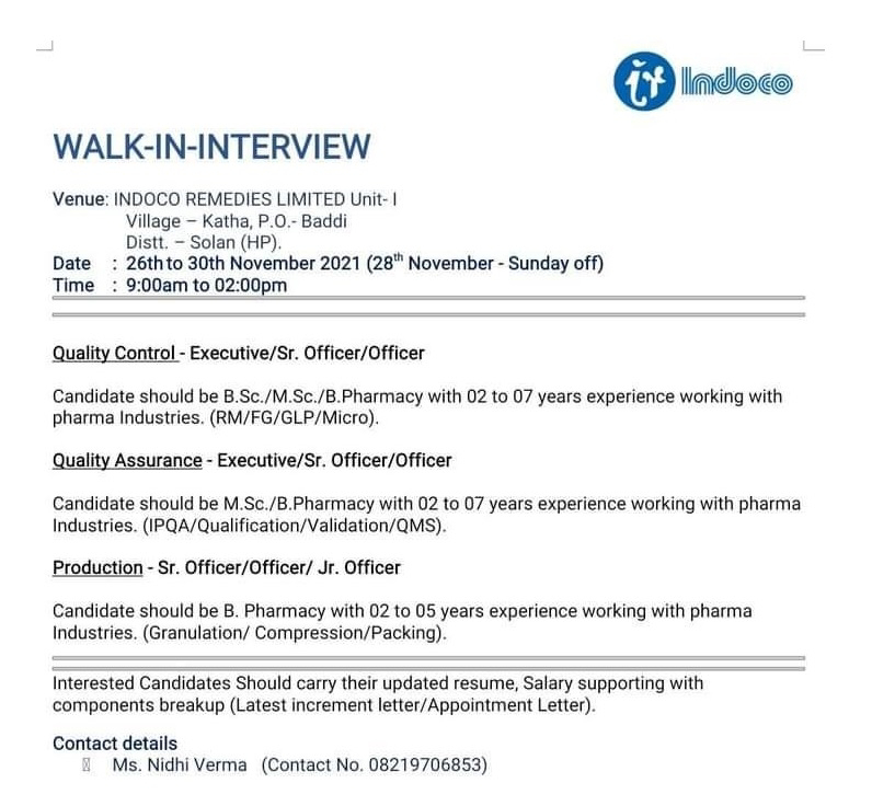 Job Availables,Indoco  Remedies Limited Walk-In-Interview For BSc/ MSc/ B.Pharm