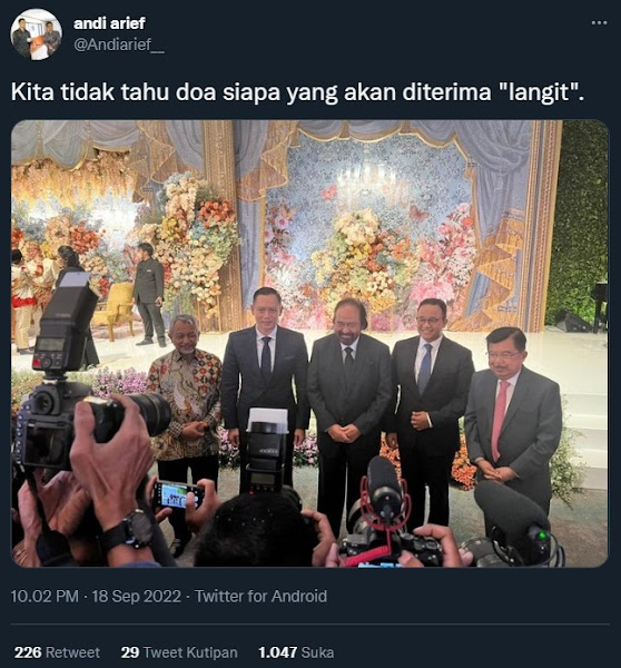 DPP Demokrat Andi Arief mengunggah foto Anies Baswedan bertemu dengan tiga ketua umum par Netizen Heboh.... Tadi Malam Anies Bertemu AHY, Surya Paloh, Ahmad Syaikhu dan Jusuf Kalla