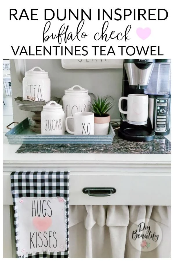 farmhouse coffee bar with Rae Dunn Valentines display