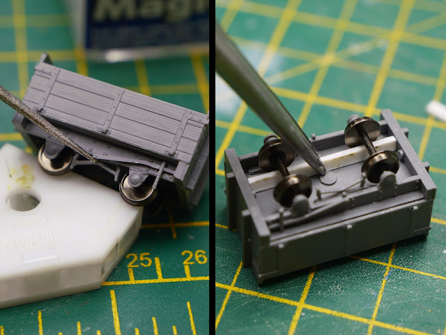 A montage showing the brake lever being glued on, plus plasticard strips being added underneath to contain weighted balls.