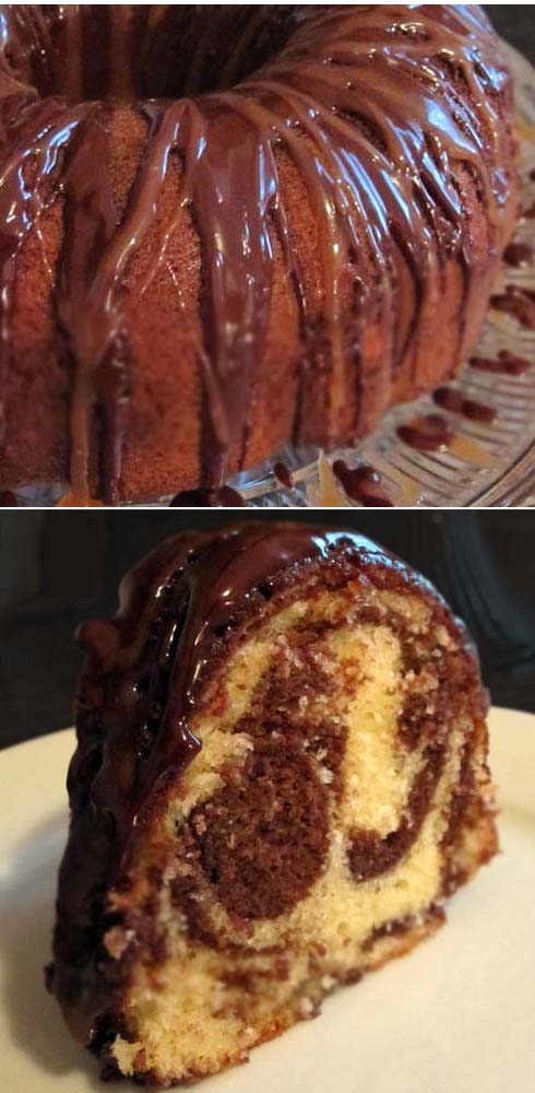 Marble pound cake with sweet cocoa glaze.