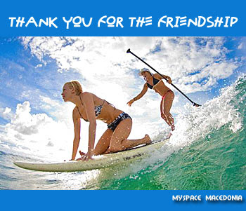 Thank You For The Friendship - Two Girls Surfing In The Sea (water, sky, sexy ladies, babes, chicks, bikini, swimmer, bather, bathing suit, bathing costume, swimming, surf, board, waves, ocean, sport, wind, summer, blue, white, green)