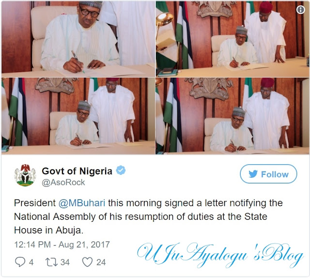 BREAKING News: Buhari Writes National Assembly on Resumption of Duties...See Photos & Video