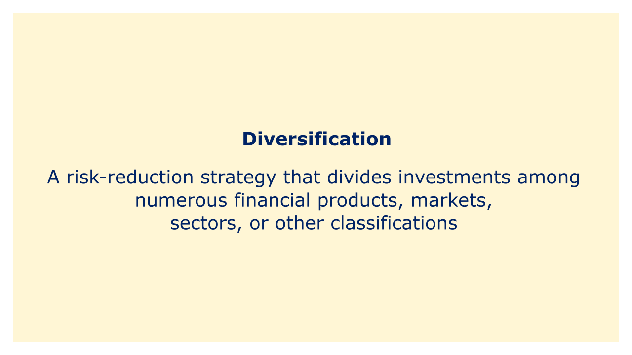 A risk-reduction strategy that divides investments among numerous financial products, markets, sectors, or other classifications.