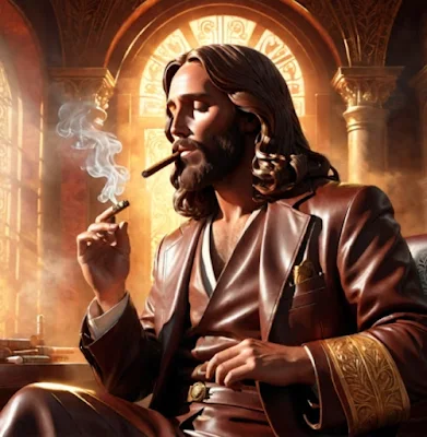 Sitting with his eyes closed meditating in a brown leather suit smoking a cigar Jesus in the cathedral