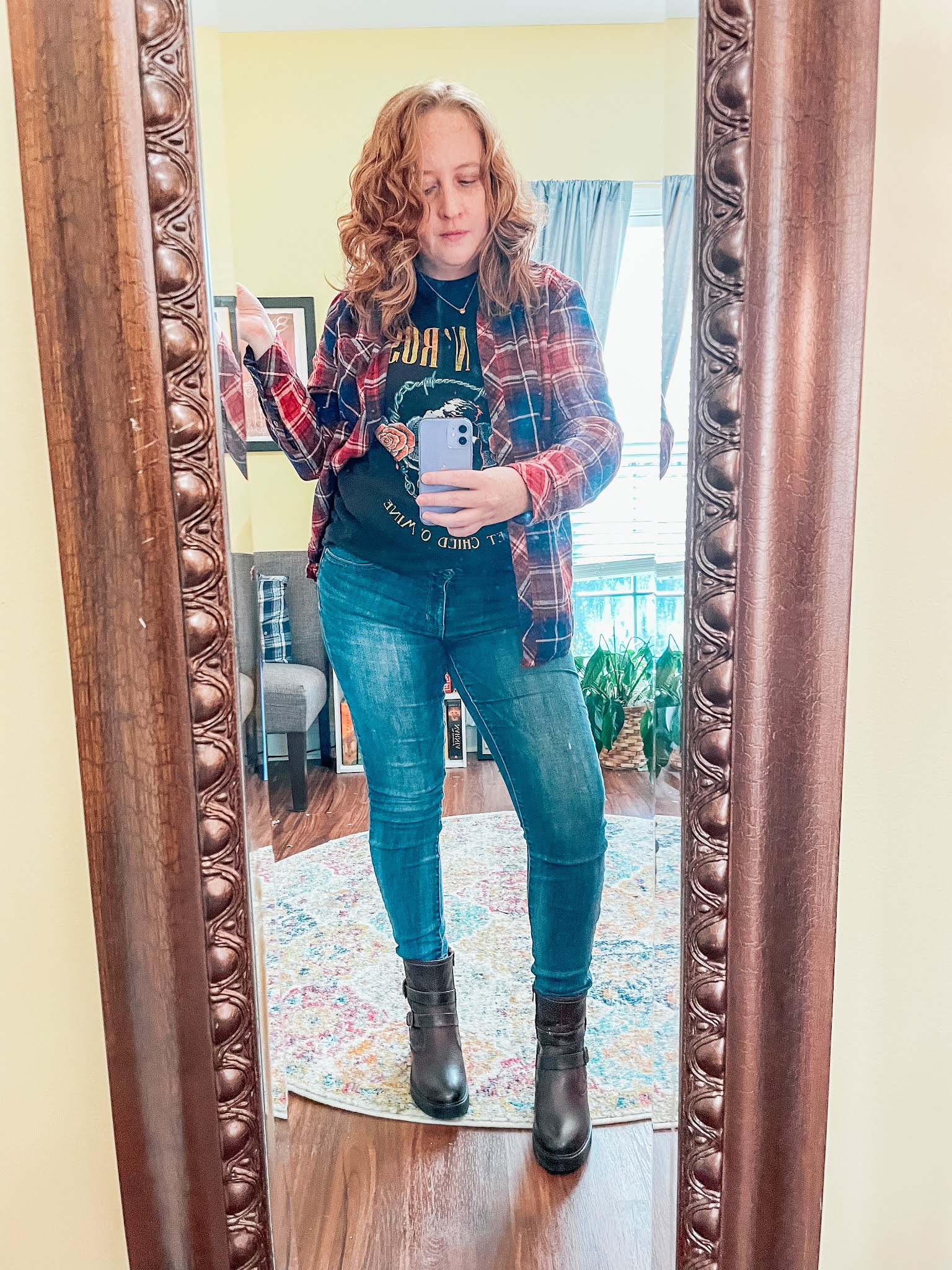 band-tee-plaid-shirt-moto-boots