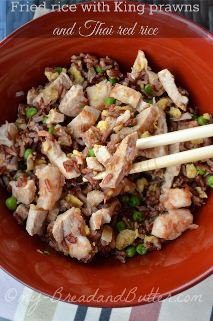 Fried rice with king prawns and Thai red rice