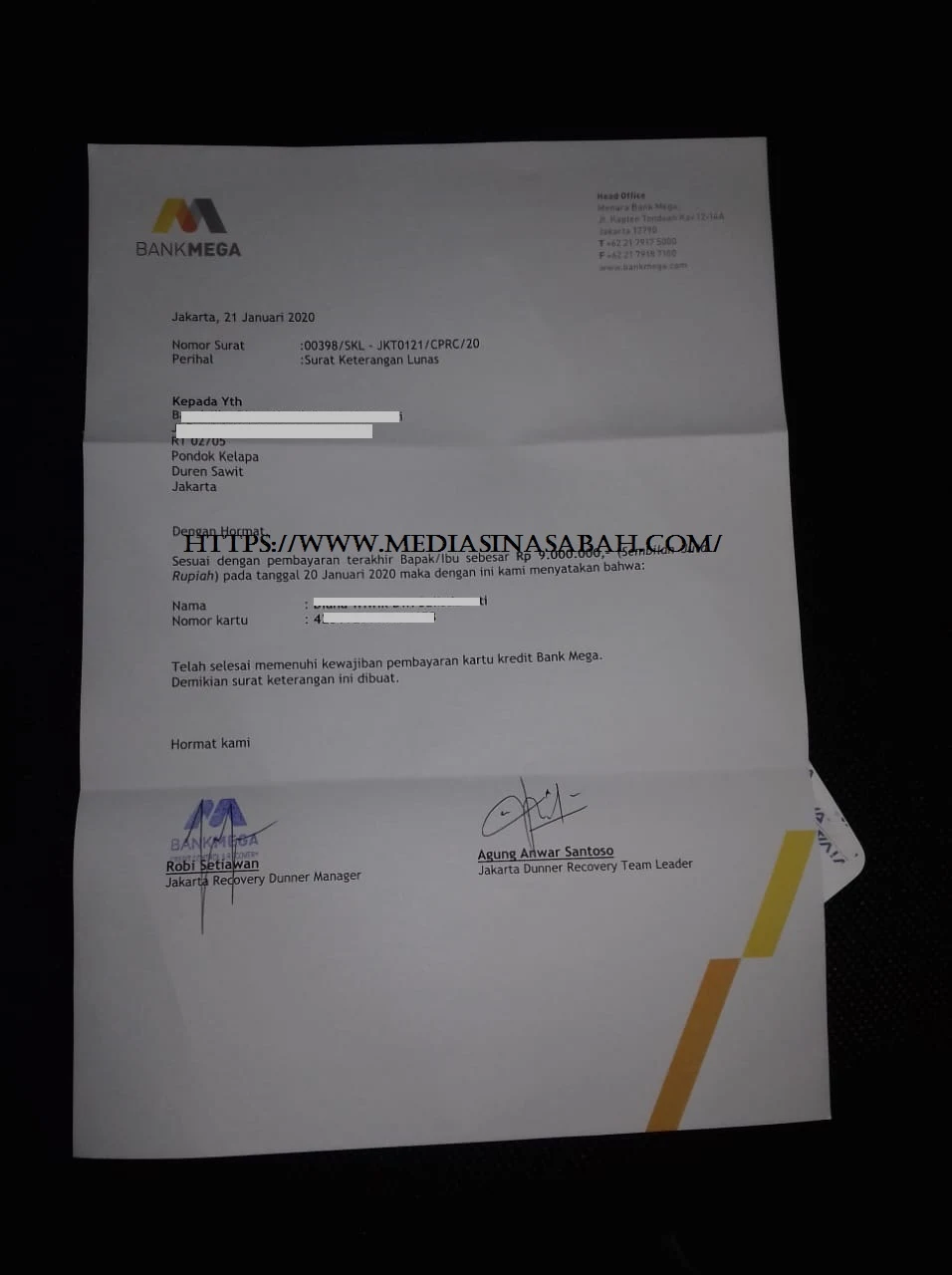 Surat Keterangan Lunas Bank Mega  - Mediasi 1091