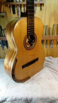 Guitarra Antilko del luthier Claudio Rojas de costado, con apoya brazos