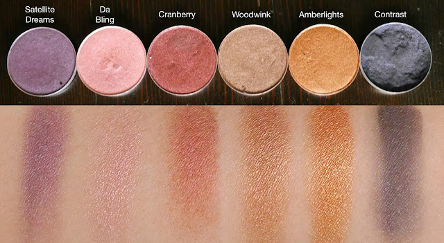 MAC Satellite Dreams, Da Bling, Cranberry, Woodwink, Amberlights, and Contrast swatches