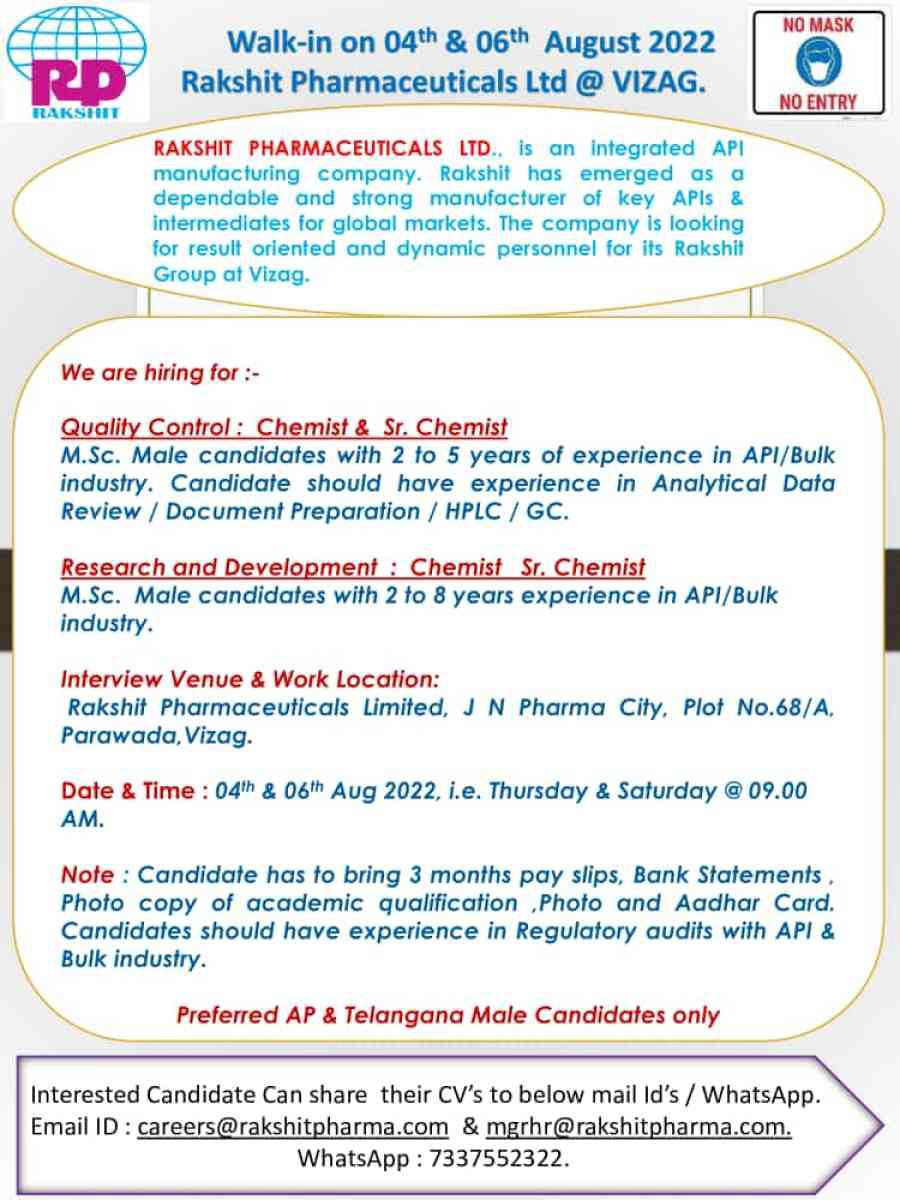 Job Available's for Rakshit Pharmaceuticals Ltd Walk-In Interview for MSc