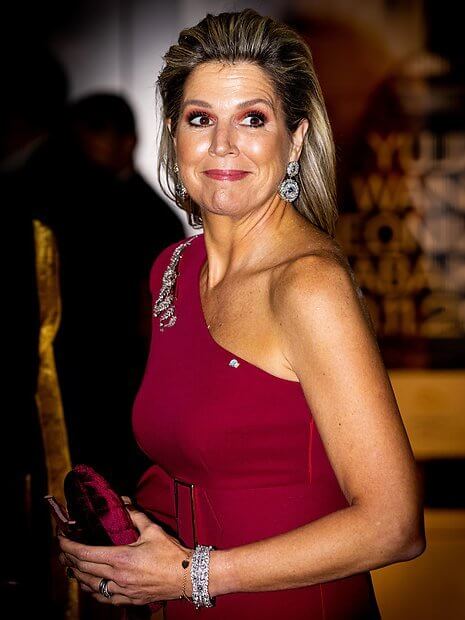 Queen Maxima wore a one-shoulder red gown by Claes Iversen. President of Greece Katerina Sakellaropoulou and Pavlos Kotsonis
