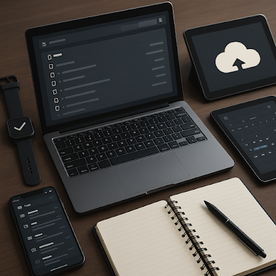 A neatly organized digital workspace featuring a laptop, smartphone, tablet, smartwatch, and notepad on a wooden desk, all displaying various productivity apps like task managers, calendars, and cloud storage interfaces.