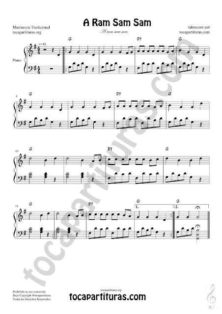 A Ram Sam Sam Partitura PDF, MIDI y JPG para Piano muy fácil con acordes en letra (en inglés) principiantes Easy Sheet Music for Piano beginners