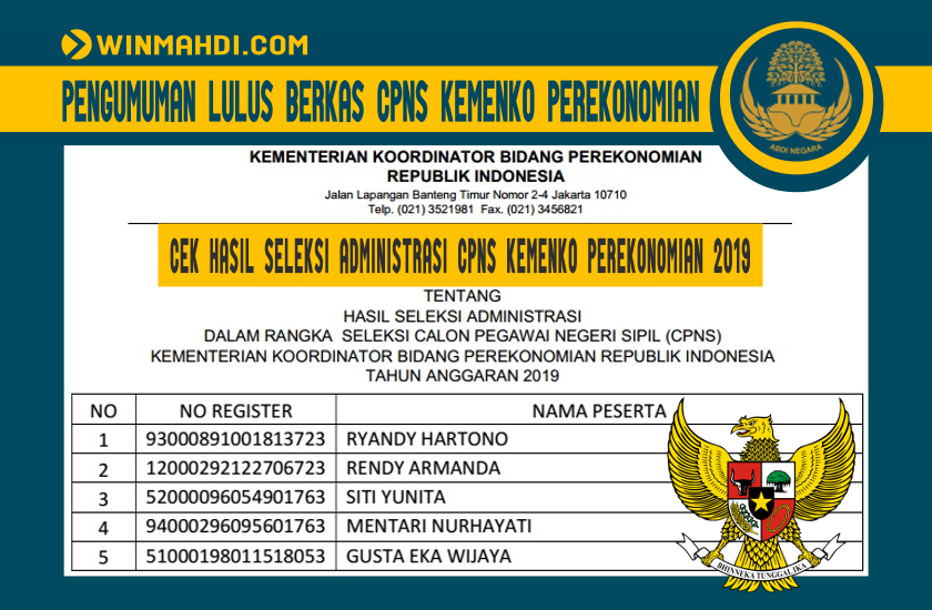 PENGUMUMAN LULUS SELEKSI BERKAS CPNS KEMENKO PEREKONOMIAN TAHUN 2019