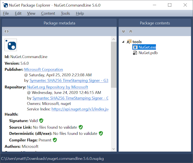 Nuget Package Explorer showing nuget.exe in the tools directory of the package